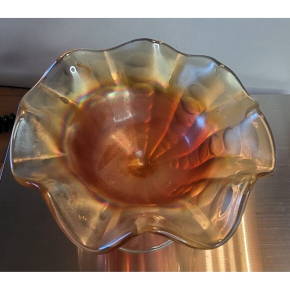 Dugan Marigold Amber & Clear Iridescent Carnival Glass Compote Ruffled Edge - Picture 3 of 4